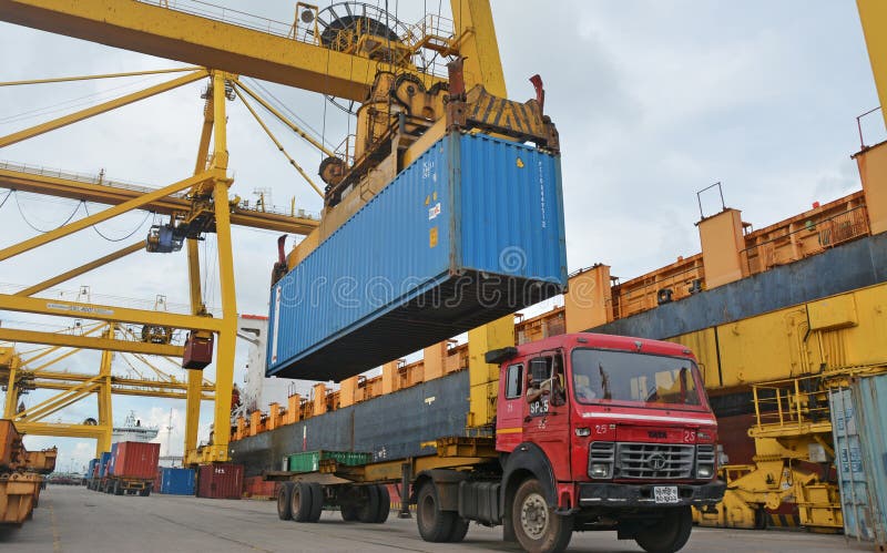 Inside of chittagong port yard and container handling from ship. loading unloading photographs. stock images