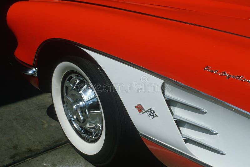 Detail of front end of 1957 red and white Corvette in Los Angeles, California. Detail of front end of 1957 red and white Corvette in Los Angeles, California