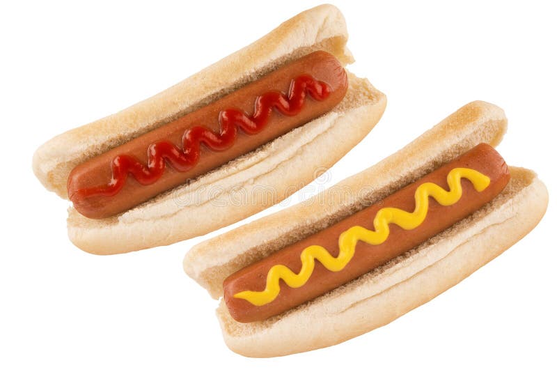 Chiuda su su duo dei hot dog con ketchup e senape su superiore, isolato