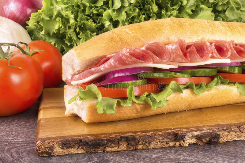 Chiuda su sul panino sottomarino del salame fotografie stock Chiuda su sul panino sottomarino del salame fotografie stock