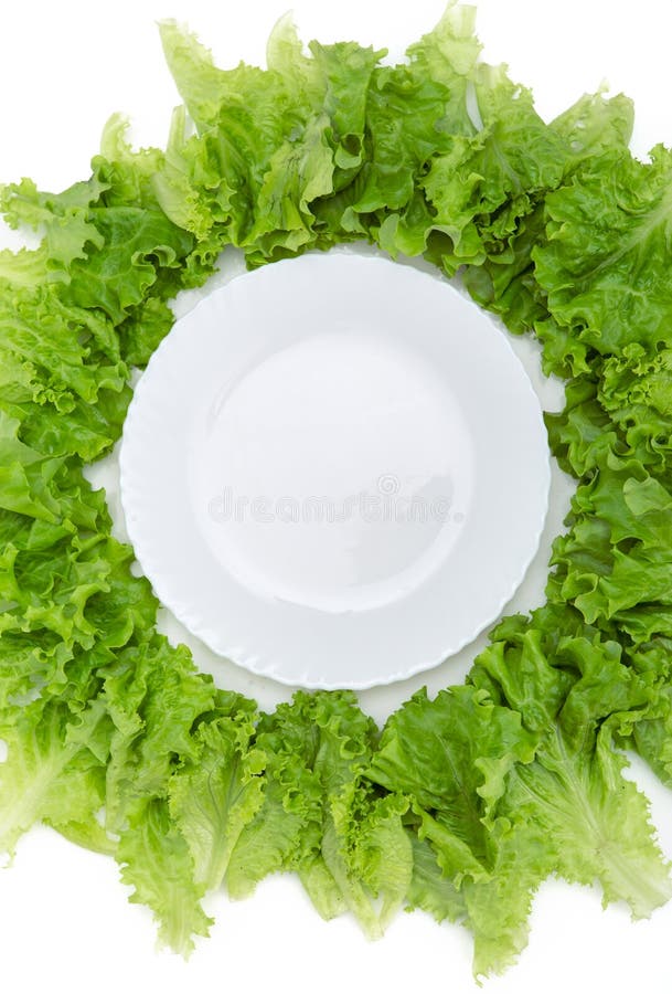 Close up of empty plate and lettuce around, isolated on white background. Concept of healthy lifestyle and dieting. Close up of empty plate and lettuce around, isolated on white background. Concept of healthy lifestyle and dieting