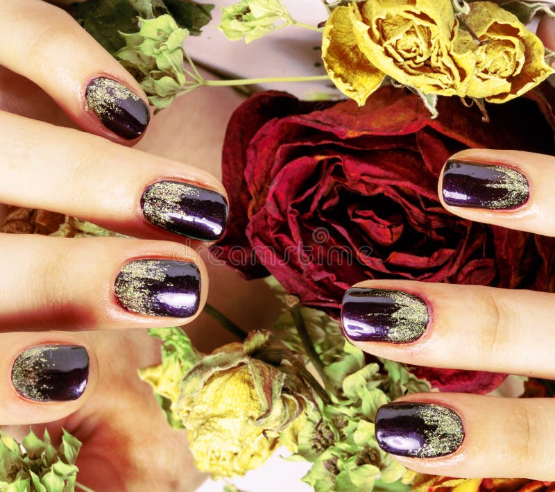 Close up picture of manicure nails with dry flower red rose, dehydrated by winter cold. Close up picture of manicure nails with dry flower red rose, dehydrated by winter cold