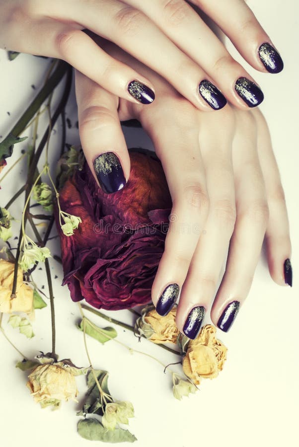 Close up picture of manicure nails with dry flower red rose, dehydrated by winter, stylish woman fingers. Close up picture of manicure nails with dry flower red rose, dehydrated by winter, stylish woman fingers