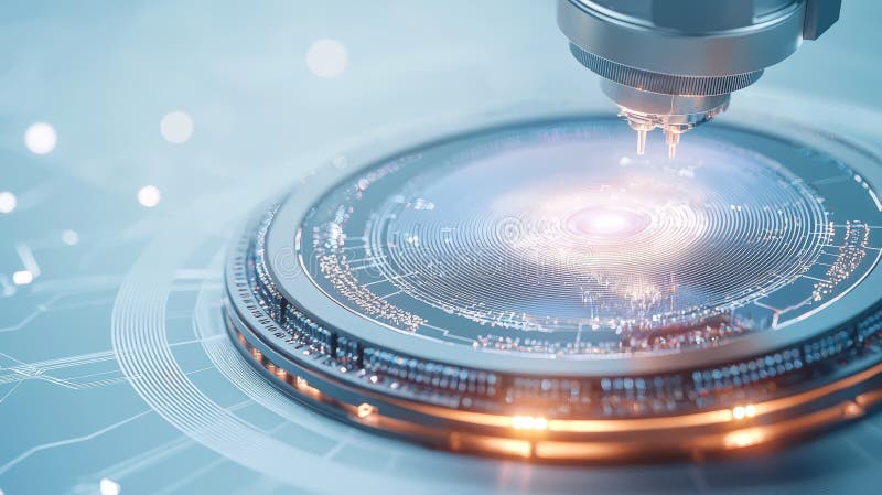Chiusura ad alta tecnologia di un microscopio futuristico che analizza un'interfaccia digitale che simboleggia l'innovazione tecno royalty illustrazione gratis