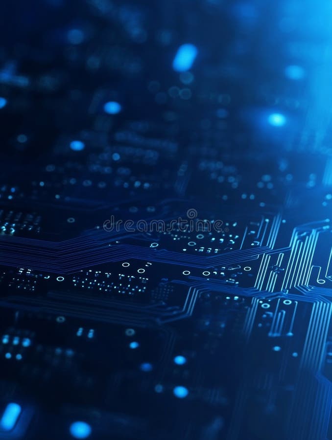 Chiusura del circuito blu con tracce e componenti luminosi. Immagine dettagliata di un circuito blu che evidenzia tracce luminose e componenti che rappresentano tecnologie moderne e un design elettronico intricato. Generato dall'AI