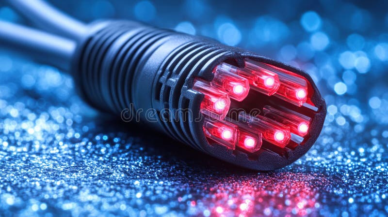 Chiusura del connettore per cavo in fibra ottica con LED illuminati. Chiusura di un connettore a cavo in fibra ottica con LED illuminati con fondo in tessuto con trama superiore Generative AI