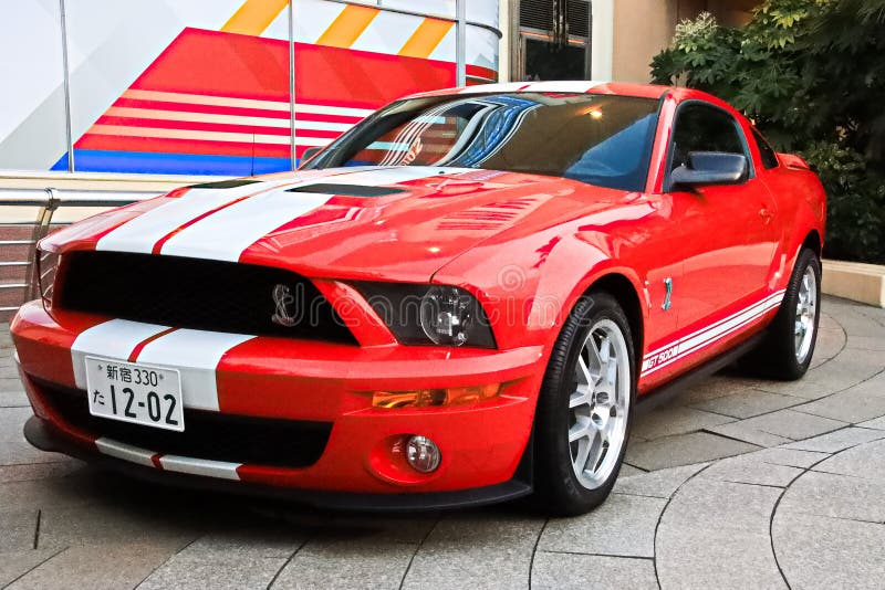 Osaka,Japan - Jan 20,2020 : Vehicle badge closeup of a Ford Mustang Shelby GT500 muscle car at Universal Studios Japan. Osaka,Japan - Jan 20,2020 : Vehicle badge closeup of a Ford Mustang Shelby GT500 muscle car at Universal Studios Japan.