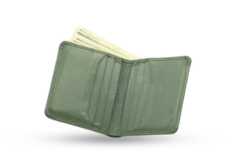 Chiusura della consistenza in cuoio verde corto con banconote isolate su fondo bianco Borsa da uomo fotografie stock libere da diritti Chiusura della consistenza in cuoio verde corto con banconote isolate su fondo bianco Borsa da uomo fotografie stock libere da diritti
