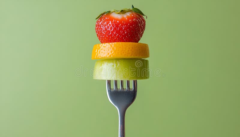 Chiusura della forchetta con sopra cibo : deliziose fragole di fragole kiwi di mele arancione su fondo verde. Concetto di una dieta sana e di un'alimentazione pulita spazio alimentare equilibrato per il testo