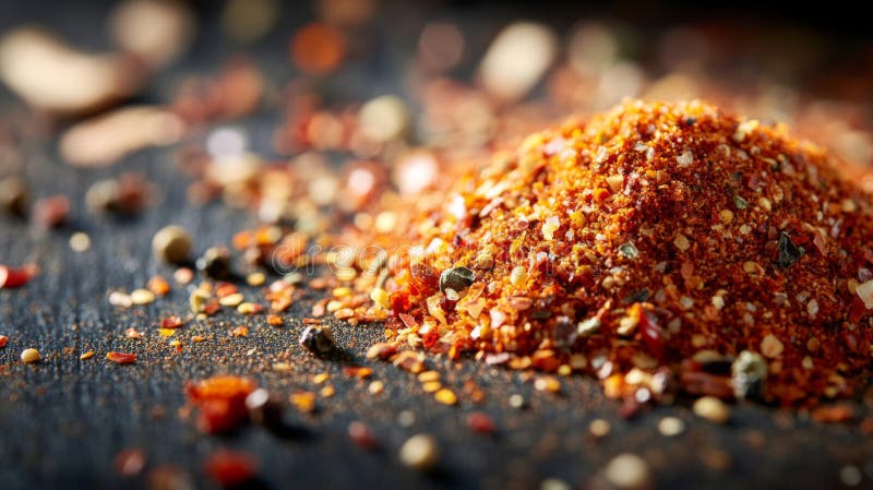 Chiusura della miscela di spezie rosse e marroni sulla superficie scura illustrazione di stock