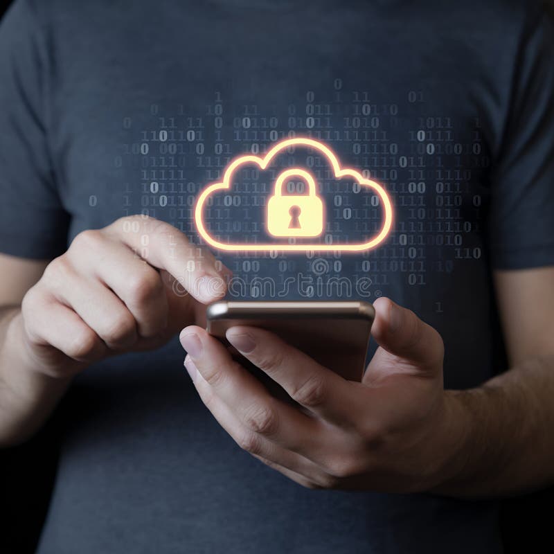 Chiusura della persona che utilizza smartphone con icona di blocco del cloud per la protezione e la sicurezza dei dati illustrazione di stock