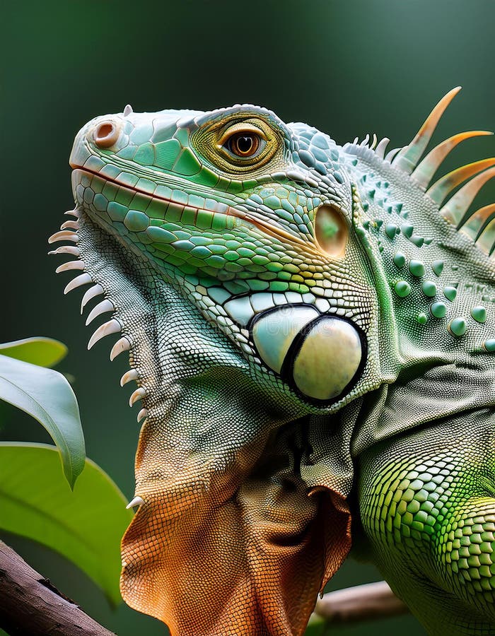 Chiusura della testa di un'iguana verde con dettagli visibili in scala. a testa chiusa di un verde illustrazione vettoriale