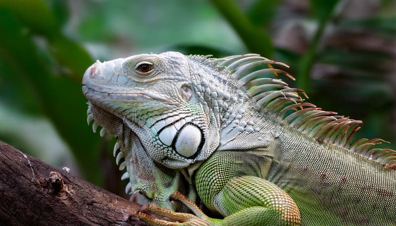 Chiusura della testa di un'iguana verde con dettagli visibili in scala. a testa chiusa di un verde illustrazione vettoriale