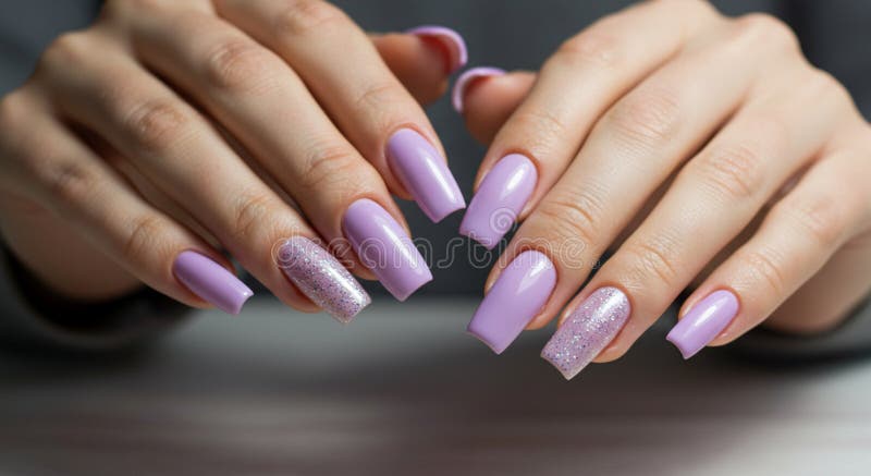 Chiusura delle mani con unghie larghe e lucide. Le unghie hanno una finitura lucida con alcuni accenti brillanti. La tonalità della pelle è chiara e le mani sono posizionate con le dita leggermente piegate. Le unghie sono manicure e presentano una lunghezza e una forma uniformi che migliorano l'aspetto elegante. Lo sfondo è leggermente sfocato, mantenendo l'attenzione sulle unghie.
