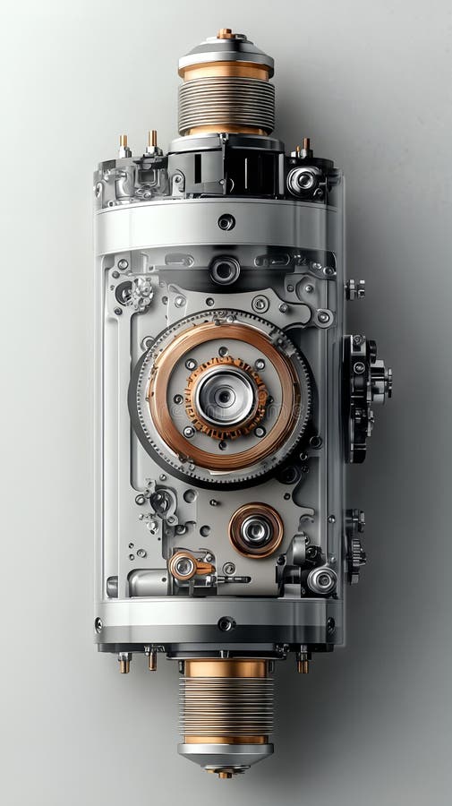 Chiusura dettagliata del motore meccanico vintage con ingranaggi e elementi di rame su fondo grigio royalty illustrazione gratis