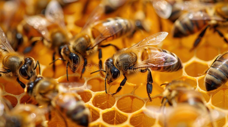 Chiusura dettagliata delle api che lavorano su un alveare all'interno di un alveare che mostra le complessità del loro habitat nat illustrazione di stock