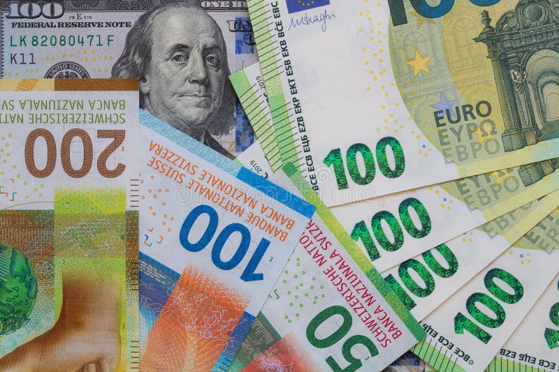 Closeup of 50, 100 and 200 Swiss franc banknotes and 100 euro and 100 dollar banknotes for design purpose. Closeup of 50, 100 and 200 Swiss franc banknotes and 100 euro and 100 dollar banknotes for design purpose