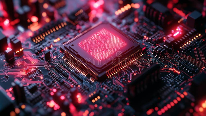 Chiusura di circuiti ad alta tecnologia che brillano di aria generativa rossa. Una macro ripresa dettagliata di un circuito high tech board illuminato con luci rosse accese. mette in evidenza la tecnologia intricata e i circuiti avanzati utilizzati nell'elettronica moderna