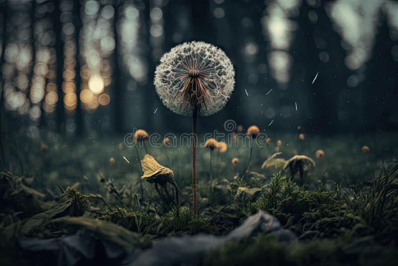 Chiusura di dandelione con semi circondati da foresta di alti alberi. Chiusura di dandelione con semi circondati dalla foresta di alti alberi creata con aria generativa