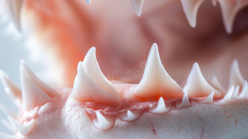 Close-up of sharp, white shark teeth set in pink gums, highlighting their pointed, jagged edges illustration by generative ai. Close-up of sharp, white shark teeth set in pink gums, highlighting their pointed, jagged edges illustration by generative ai