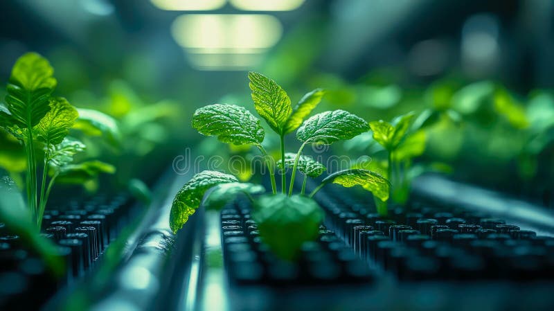 Chiusura di giovani piante verdi che crescono in un ambiente agricolo controllato all'interno che rappresenta la biotecnologia e fotografia stock libera da diritti