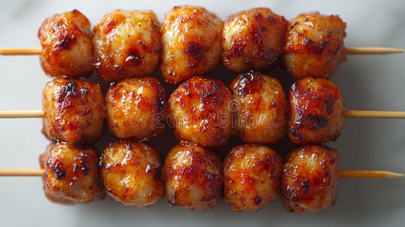Chiusura di polpette di carne perfettamente grigliate su pattinatori con un riflesso su fondo bianco isolato illustrazione di stock