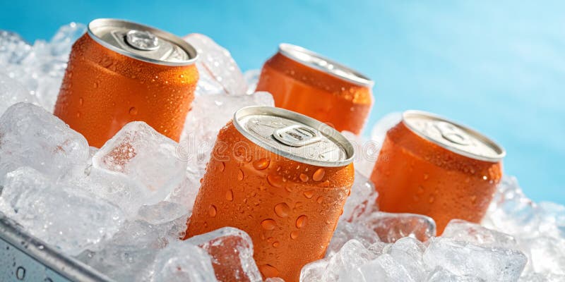 Chiusura di quattro lattine arancioni di soda, condensate su di esse, sedute su una pila di ghiaccio in un'inserzione pubblicitari royalty illustrazione gratis
