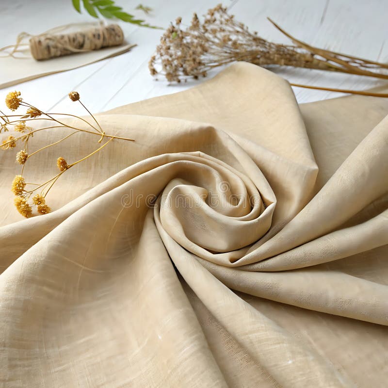 Chiusura di tessuto beige con fiori essiccati su un tavolo di legno illustrazione di stock