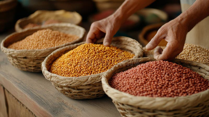 Chiusura di un agricoltore che raccoglie lenticchie colorate in cestelli di vimini su un tavolo di legno per mostrare la varietà e fotografia stock