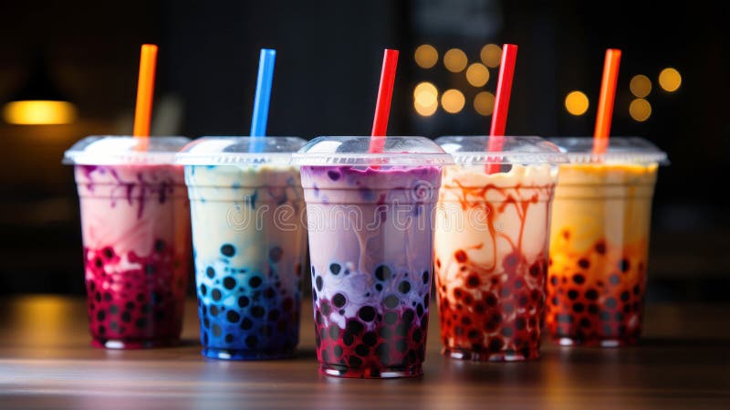 Chiusura di un assortimento colorato di bevande a base di latte di boba e bevande a base di tè illustrazione di stock