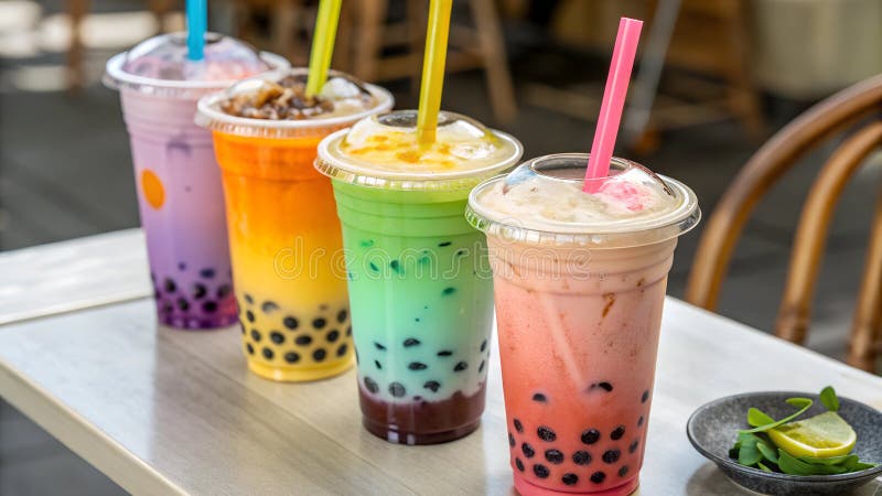 Chiusura di un assortimento colorato di bevande a base di latte in boba e bevande a base di tè su un tavolo illustrazione vettoriale