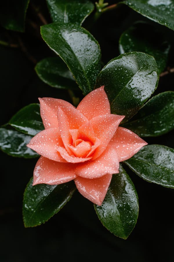 Chiusura di un fiore di camellia salmoncolato con goccioline d'acqua sui petali e sulle foglie illustrazione di stock