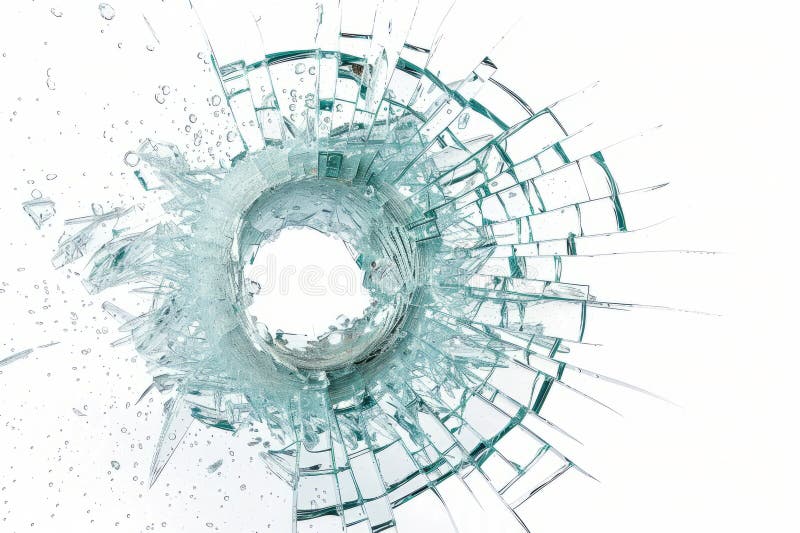 Chiusura di un foro di proiettile in un parabrezza con schegge di vetro congelate nel tempo. fotografie stock libere da diritti