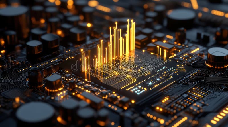 Chiusura di un microchip illuminato su una scheda di circuito high-tech che presenta elettronica avanzata e innovazione digitale c illustrazione di stock