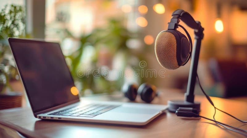 Chiusura di un portatile con cuffie e microfono configurati per una registrazione podcast in un ambiente domestico accogliente royalty illustrazione gratis