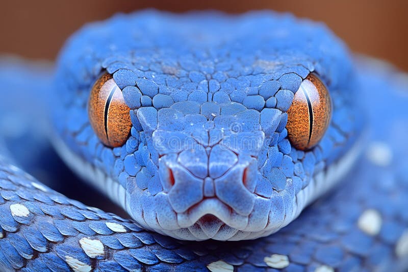 Chiusura di un serpente vibrante a vipera blu con occhi d'arancia strizzanti aria generativa illustrazione di stock