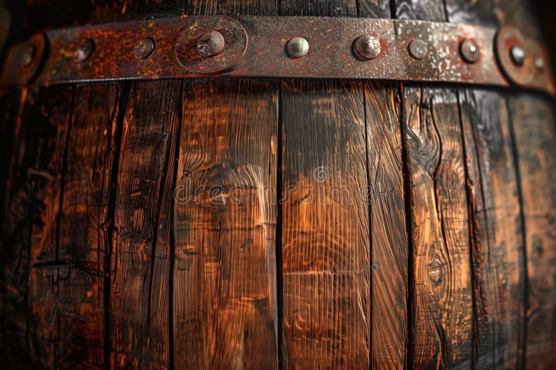 Chiusura di un vecchio barile di legno rustico circondato da un vecchio borbonio di ferro rugginoso o da un fondo di legno rustico illustrazione vettoriale