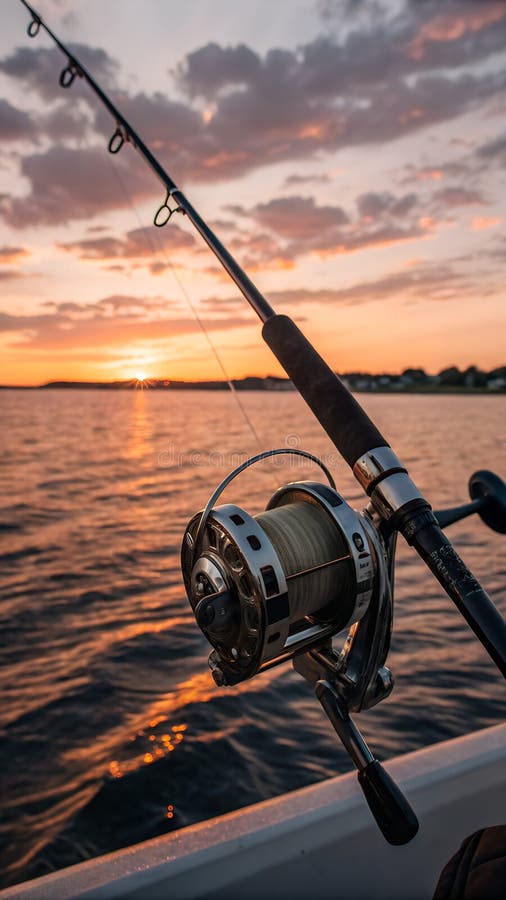 Chiusura di una bobina da pesca contro uno sfondo di tramonto sull'acqua. royalty illustrazione gratis