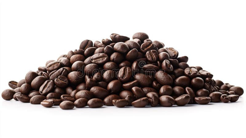 Chiusura di una pila di chicchi di caffè marrone scuro sparsa in modo casuale su uno sfondo grigio chiaro. chicchi di caffè marron fotografia stock libera da diritti