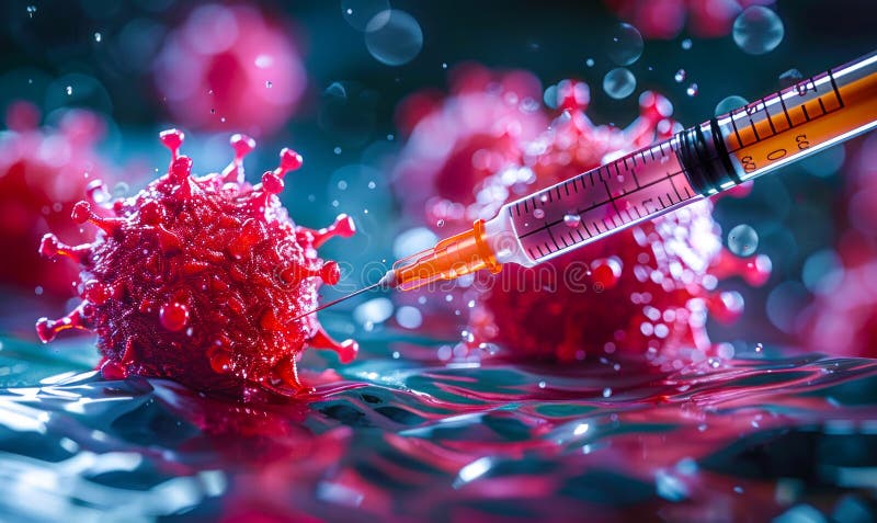 Chiusura di una siringa medica che inietta un vaccino in una molecola virale che simboleggia progressi scientifici in materia di i royalty illustrazione gratis