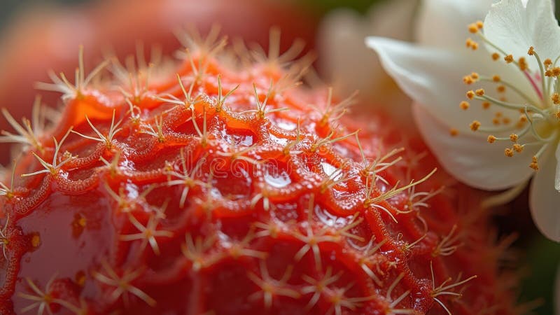 Chiusura macroscopica delle fragole ricoperte e del fiore bianco fotografia stock libera da diritti