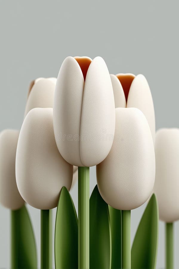 Chiusura minimalista generata dall'AI di tulipani bianchi con fusti verdi su fondo grigio morbido illustrazione di stock