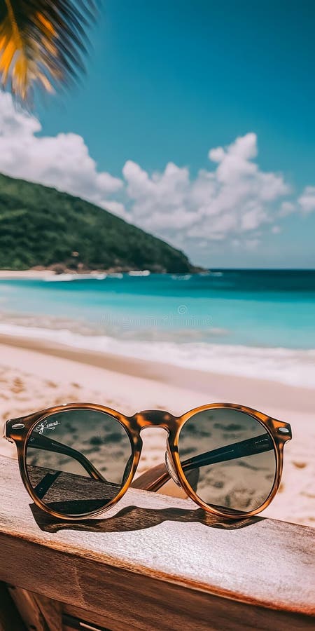 Chiusura verticale di occhiali da sole su una recinzione di legno su una spiaggia sabbiosa in una giornata di sole immagini stock libere da diritti