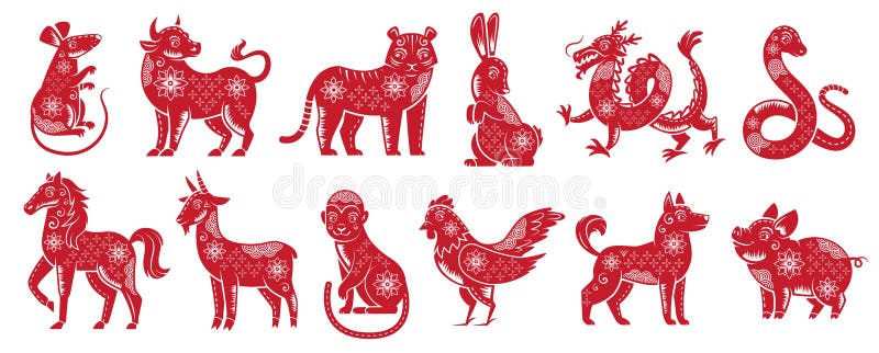 Chiński znak Zodiac New Year Tradycyjne zwierzęta china z horoskopem, zestaw ilustracji z wektorem sylwetki czerwonych zodiaków