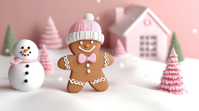 Chleb w różowym kapeluszu stojącym na śnieżnym gruncie z uroczą wsią świąteczną pastelową i miniaturową christmą ilustracji