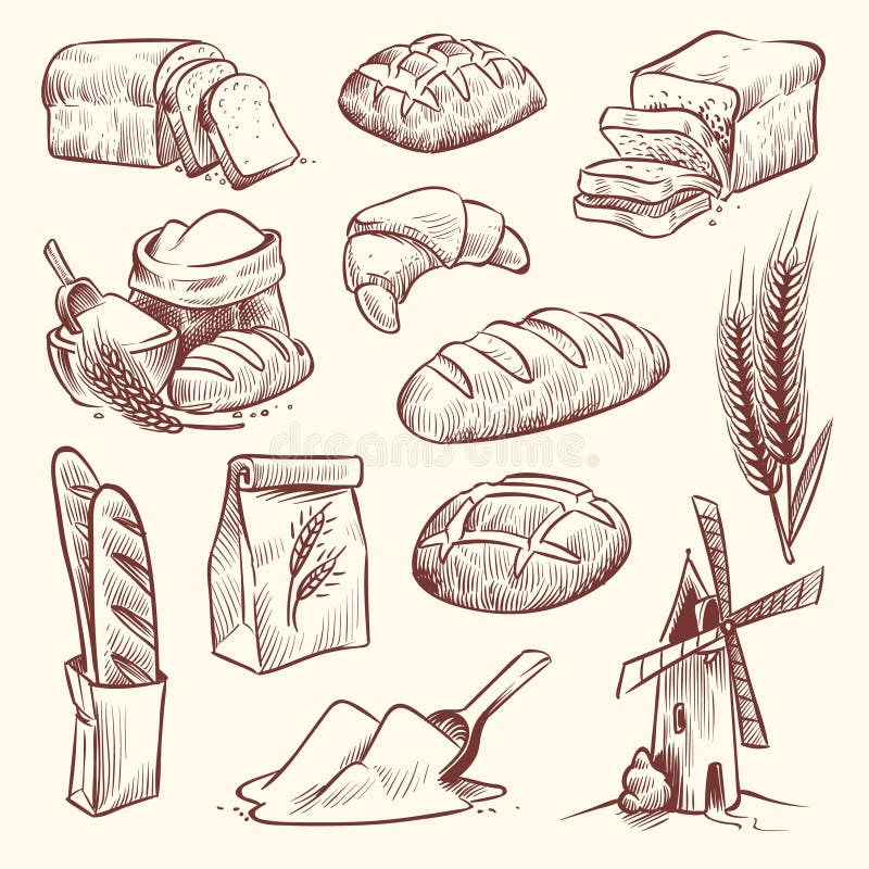 Chlebowy nakreślenie Mąka młynu baguette francuz piec babeczki piekarni kosza adry ciasta grzanki plasterka karmowego pszeniczneg royalty ilustracja Chlebowy nakreślenie Mąka młynu baguette francuz piec babeczki piekarni kosza adry ciasta grzanki plasterka karmowego pszeniczneg royalty ilustracja