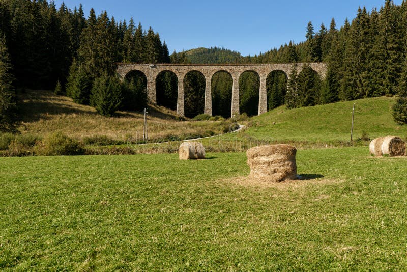 Chmarossky viaduct on the background of the forest, the old railway