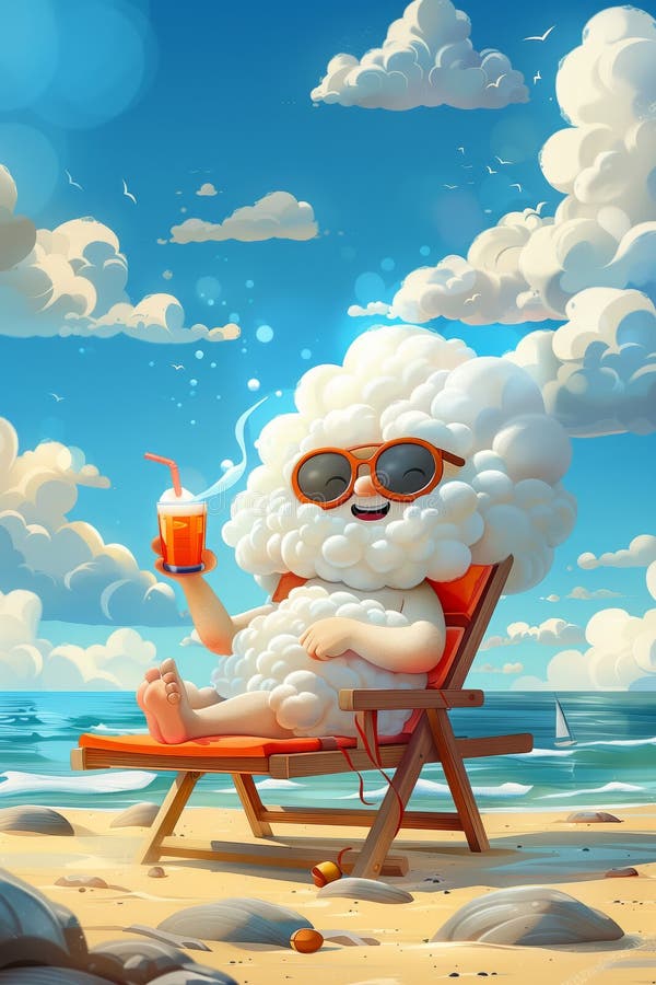 Chmura chubby z okularami przeciwsłonecznymi pijącymi sok opalanie się ilustracja wektor