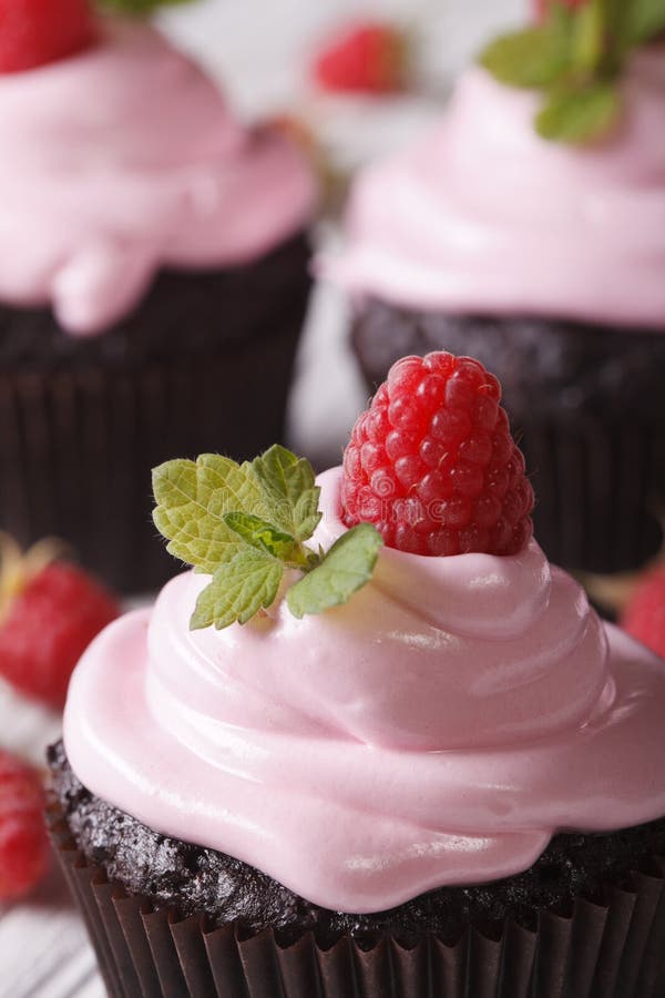 Chocolade cupcakes met roze room en frambozenmacro verticaal stock foto's Chocolade cupcakes met roze room en frambozenmacro verticaal stock foto's