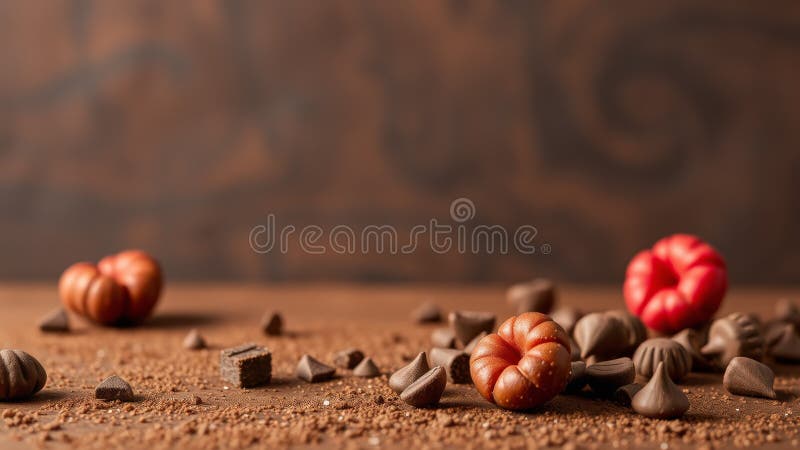 Chocolade pompoenen en snoep op cacaopoeder royalty-vrije illustratie